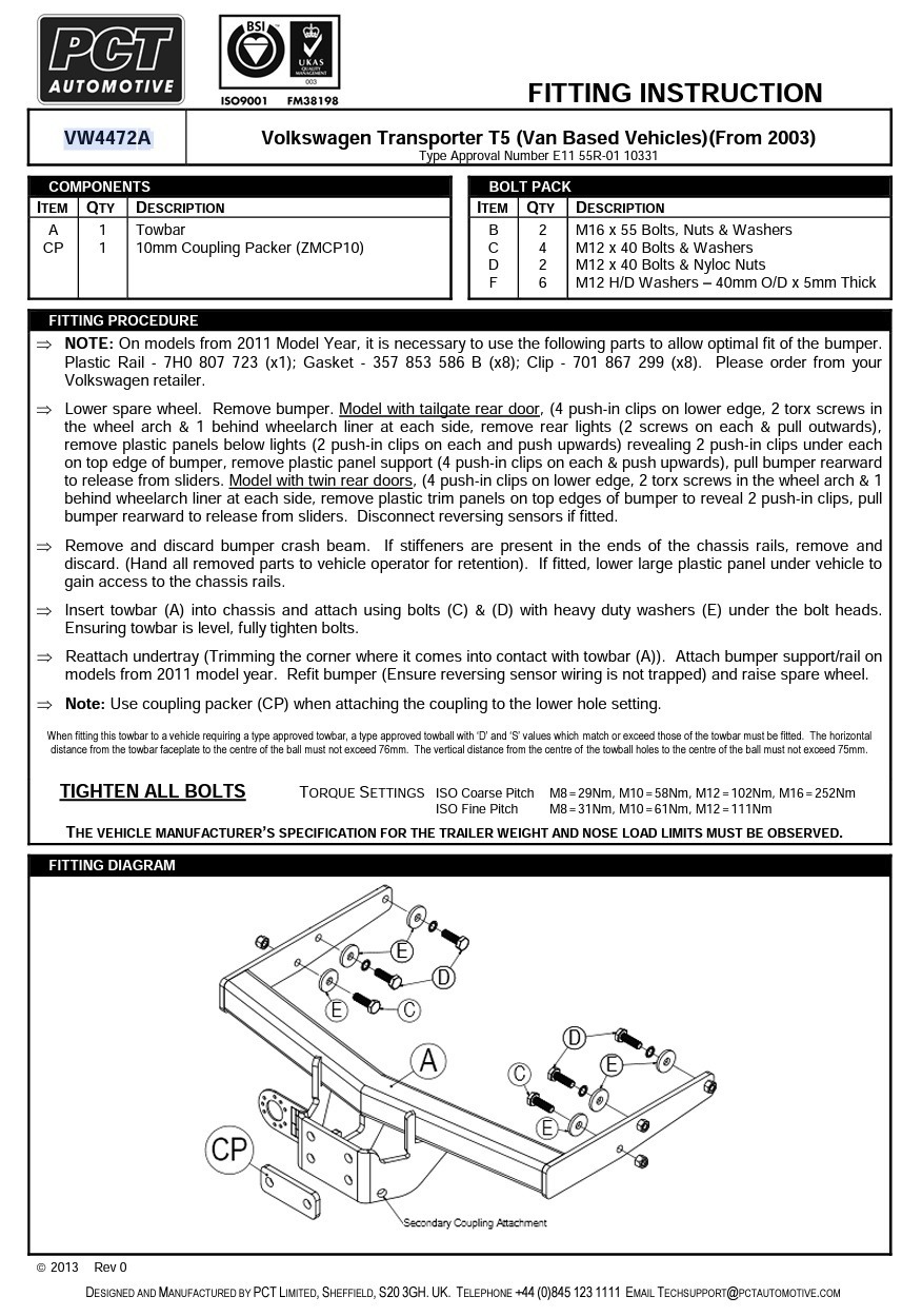 VW Transporter Tow Bar T5 T6 T6.1 20032023 PCT Flange Tow Bars